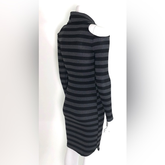 Solemio Cold Shoulder Knit Dress very fitted Black Gray Stripe - Picture 3 of 10